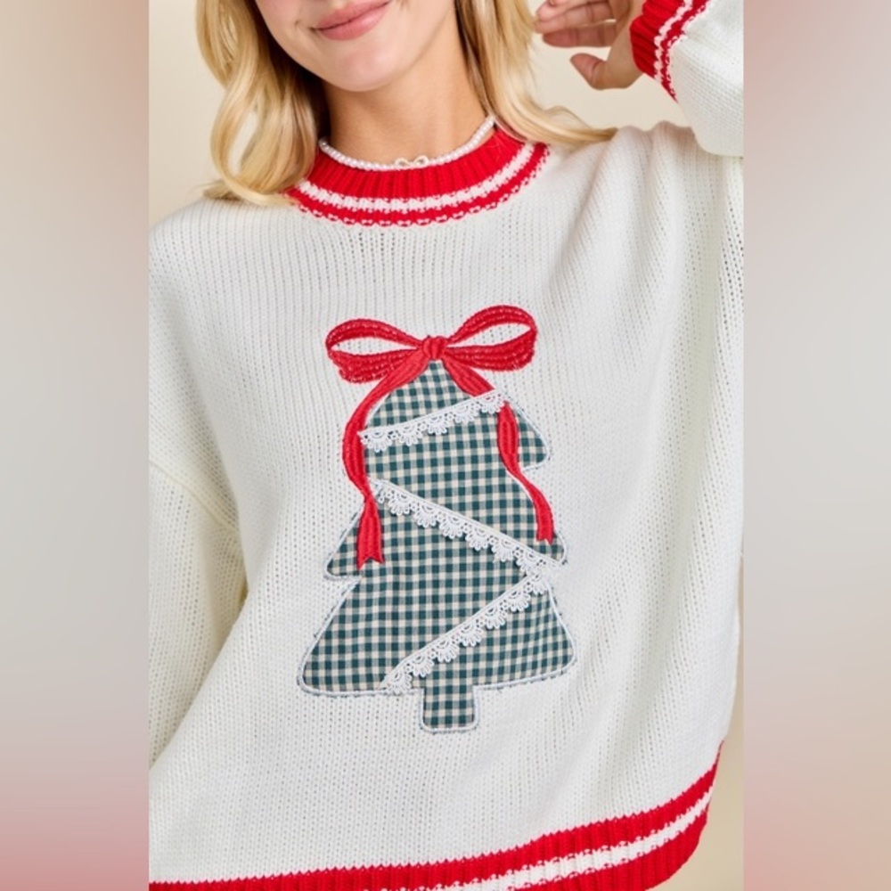 Gingham Christmas Tree Patchwork Sweater With Emb… - image 5